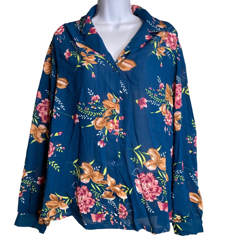 Vintage Lady Caribou Womens Blue Floral Button Up Blouse‎ Sz US 10 Secretary